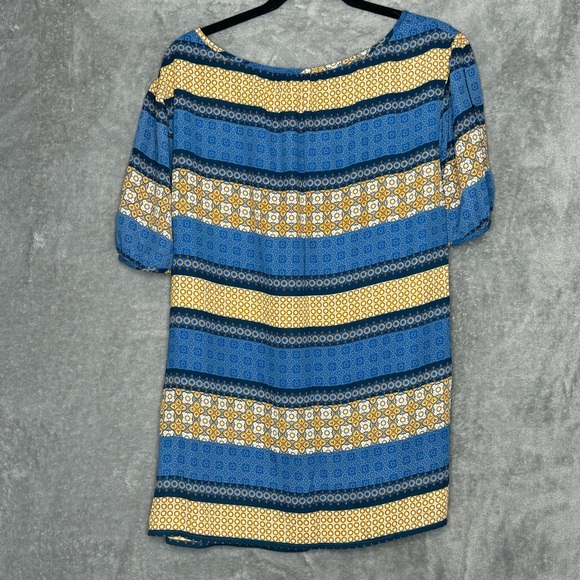Dressbarn 3X Shirt Top Blue Gold Striped Short Sleeve Scoop Neck Keyhole Sheer - Picture 5 of 8